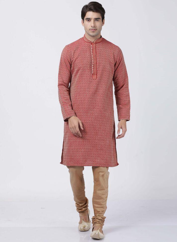 mens red cotton silk blend kurta613