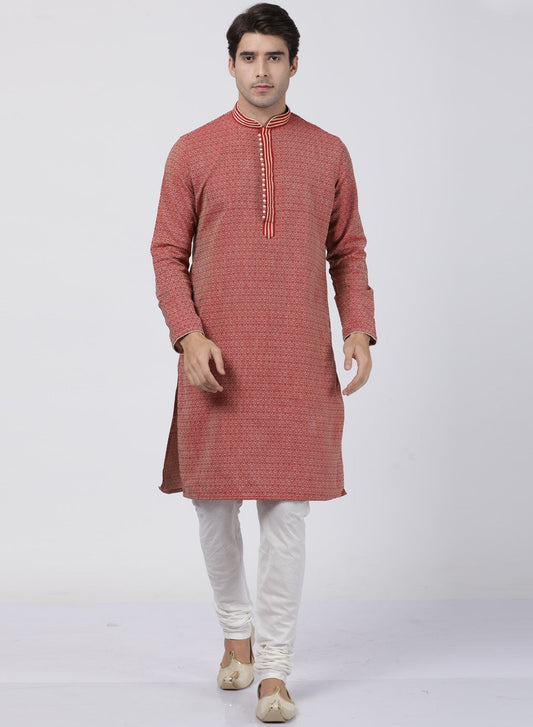 Vastramay Men's Red Cotton Silk Blend Kurta and Churidar Set