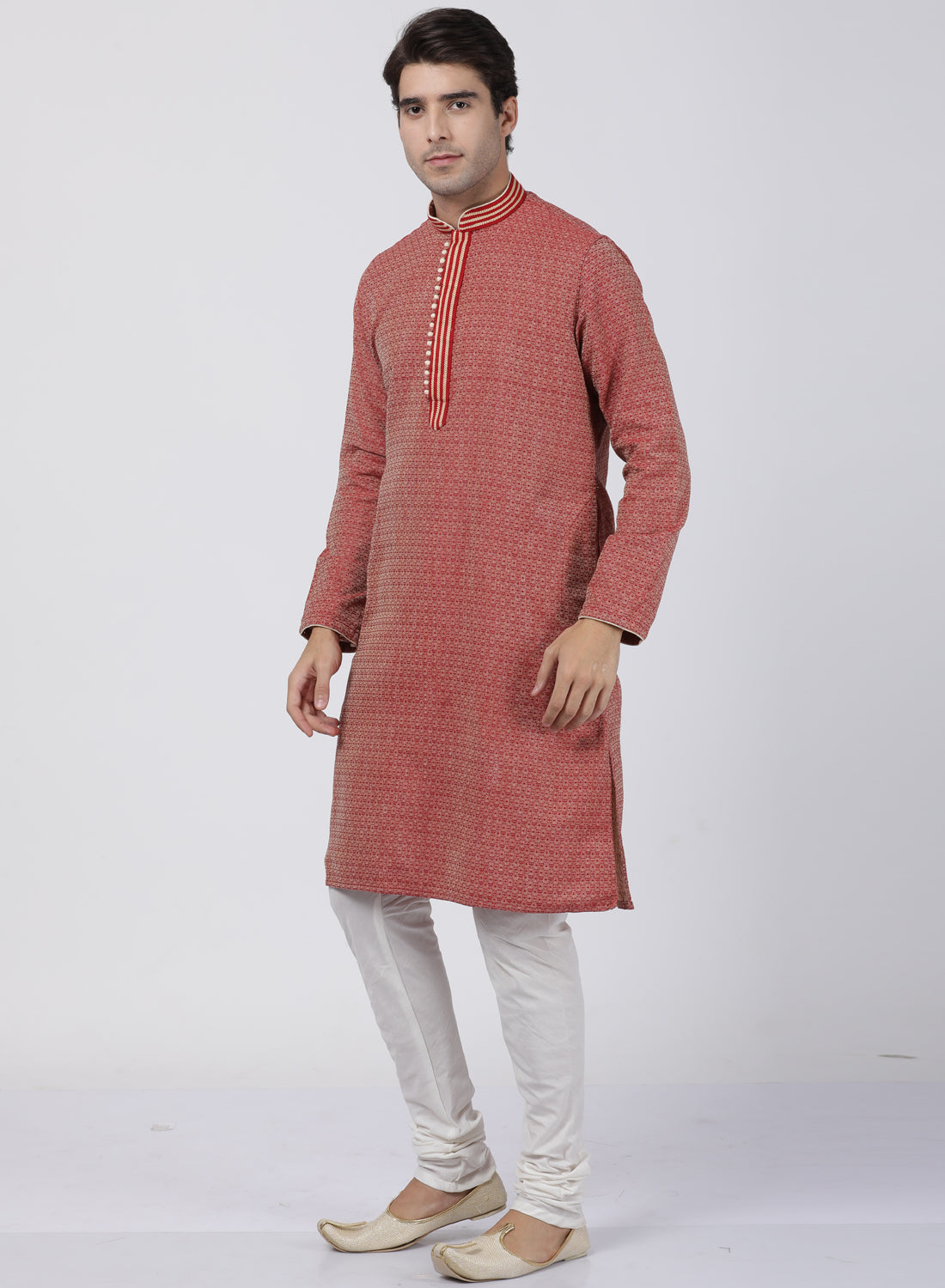 mens red cotton silk blend kurta and pyjama set604