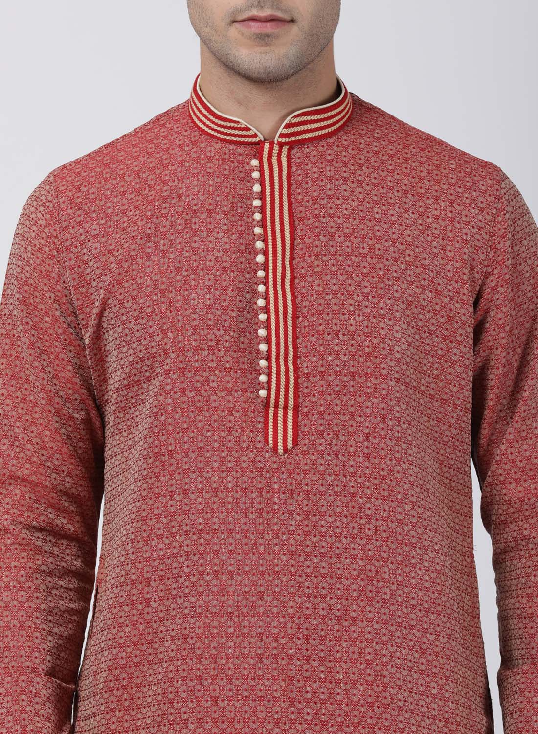 mens red cotton silk blend kurta and pyjama set604