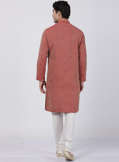 mens red cotton silk blend kurta and pyjama set596