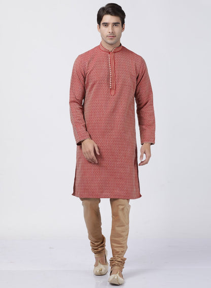 Vastramay Men's Red Cotton Silk Blend Kurta and Pyjama Set