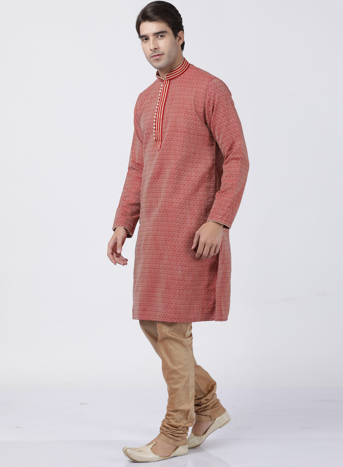 mens red cotton silk blend kurta and pyjama set596