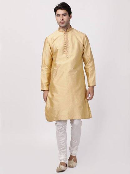 Vastramay Men's Beige Silk Blend Kurta