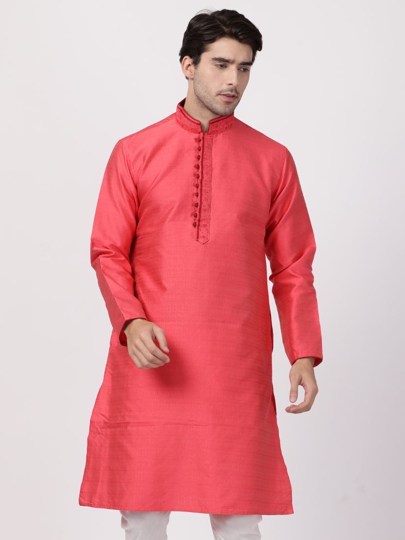 Vastramay Men's Pink Cotton Silk Blend Kurta