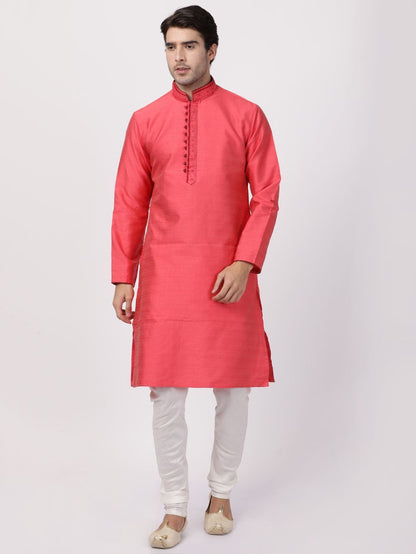 Vastramay Men's Pink Cotton Silk Blend Kurta