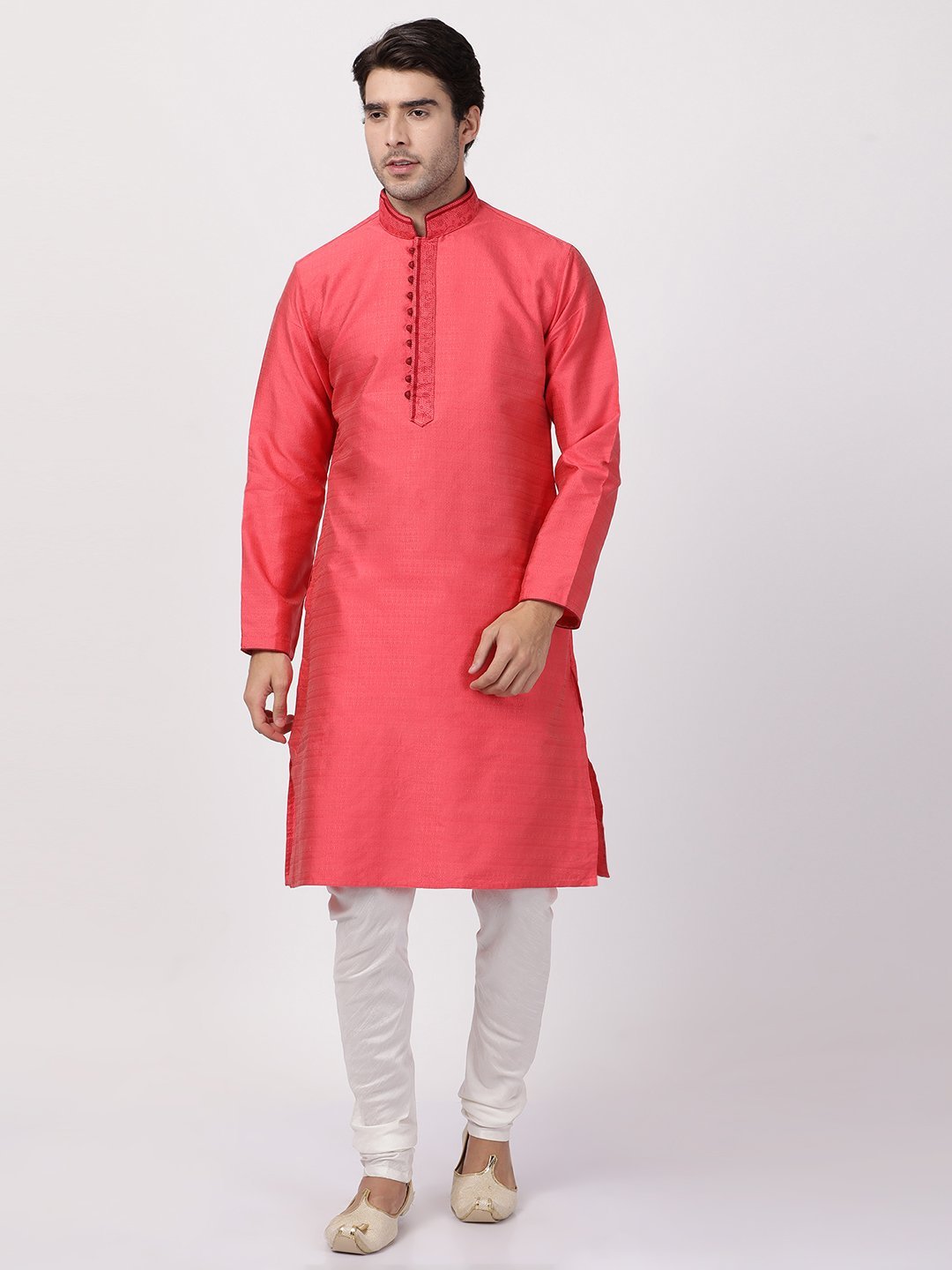 Vastramay Men's Pink Cotton Silk Blend Kurta and Churidar Set