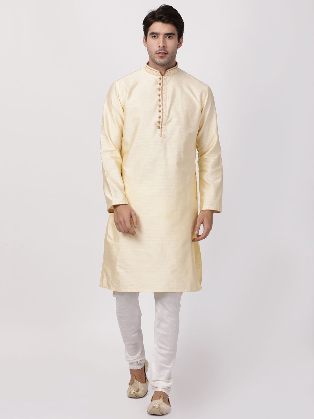 Vastramay Men's Cream Cotton Silk Blend Kurta