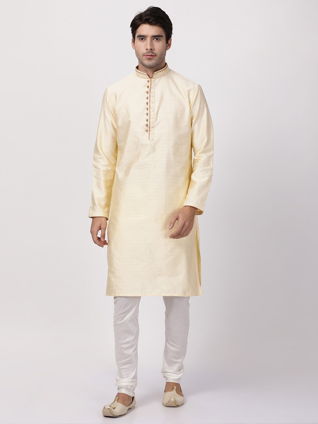 Vastramay Men's Cream Cotton Silk Blend Kurta and Churidar Set