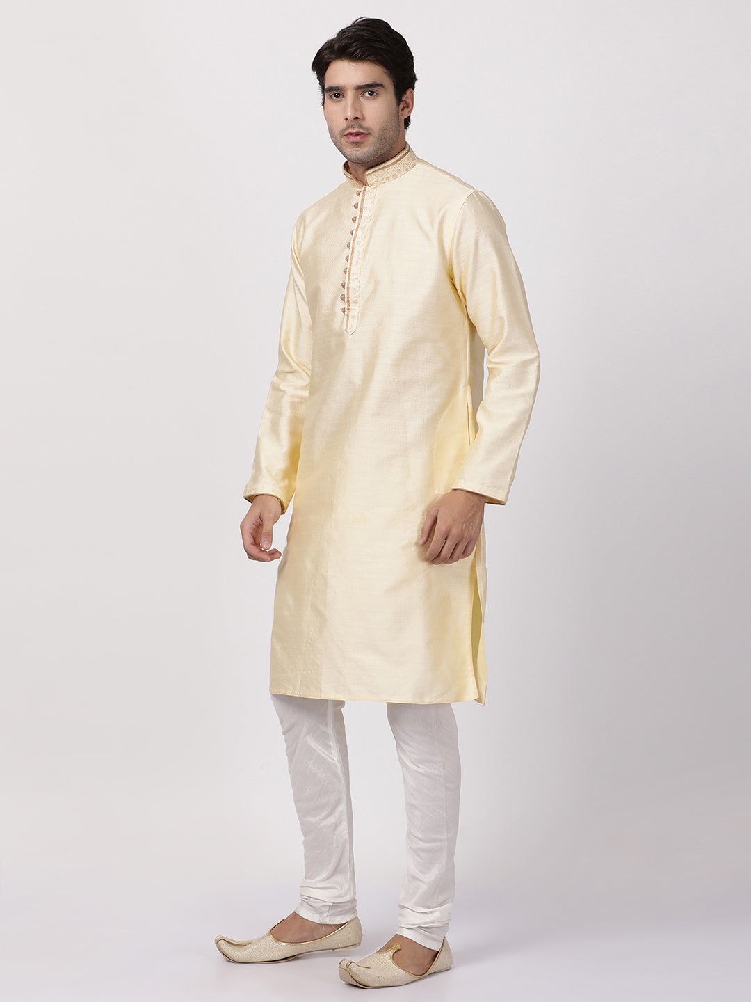 Vastramay Men's Cream Cotton Silk Blend Kurta and Churidar Set