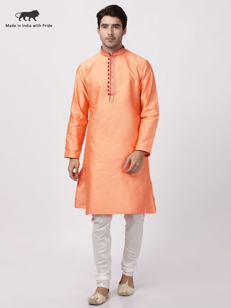 vastramay mens orange cotton silk blend kurta and churidar set