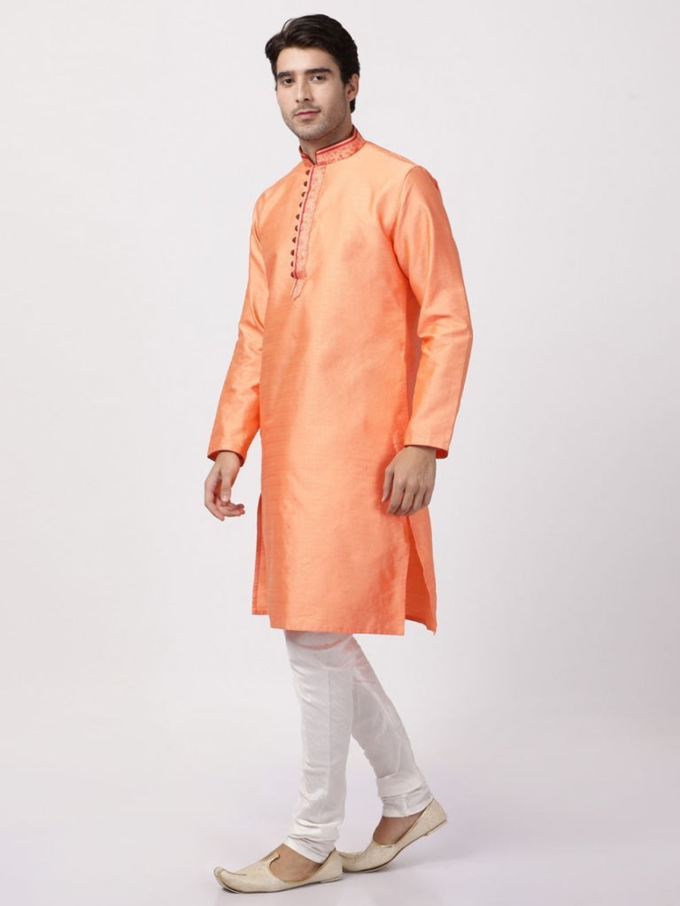 vastramay mens orange cotton silk blend kurta and churidar set