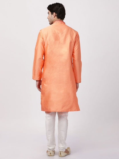 vastramay mens orange cotton silk blend kurta and churidar set