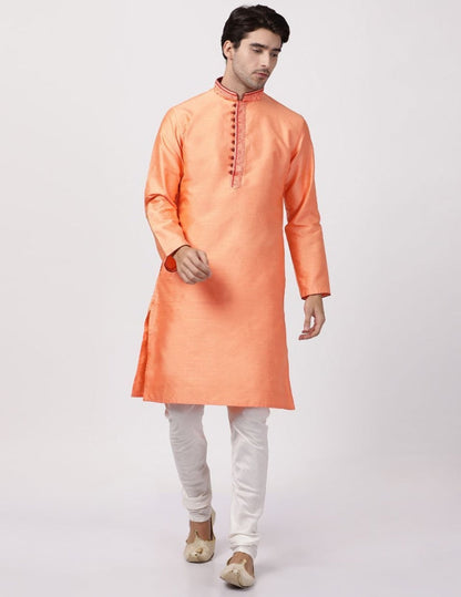 vastramay mens orange cotton silk blend kurta and churidar set