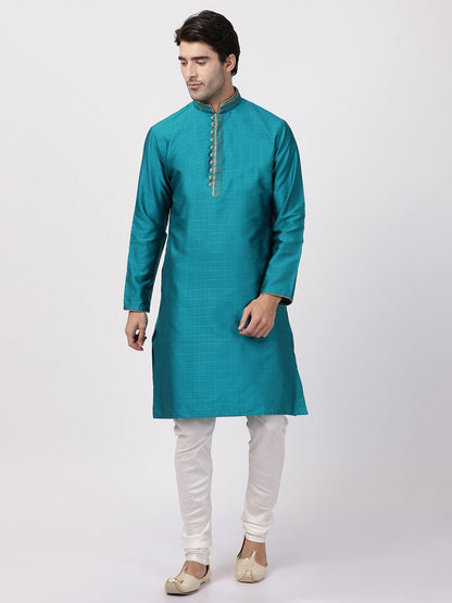 Vastramay Men's Blue Cotton Silk Blend Kurta and Churidar Set