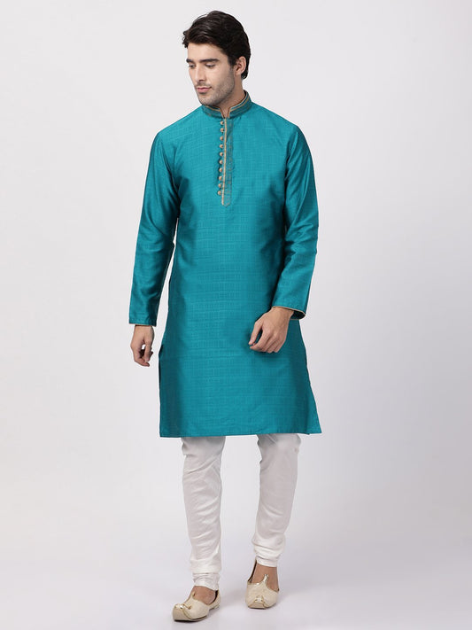 Vastramay Men's Blue Cotton Silk Blend Kurta and Churidar Set
