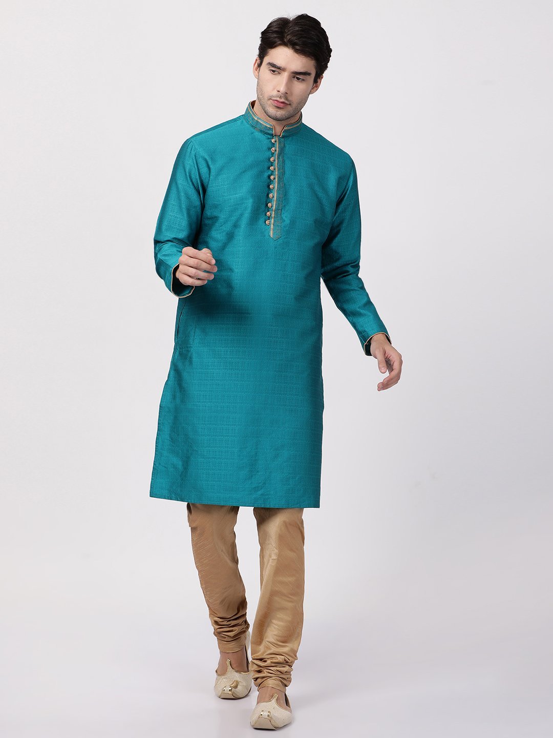 Vastramay Men's Blue Cotton Silk Blend Kurta and Churidar Set