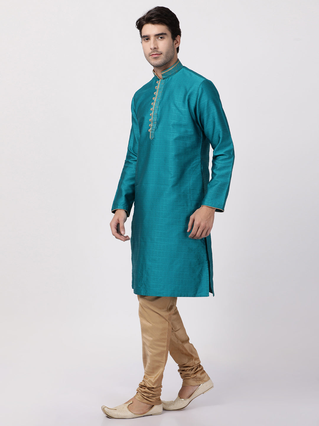 mens green cotton silk blend kurta and pyjama set562