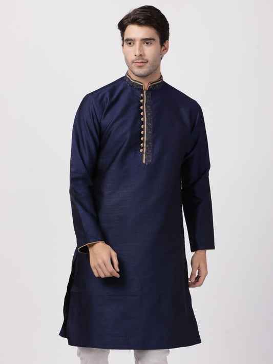 Vastramay Men's Dark Blue Cotton Silk Blend Kurta
