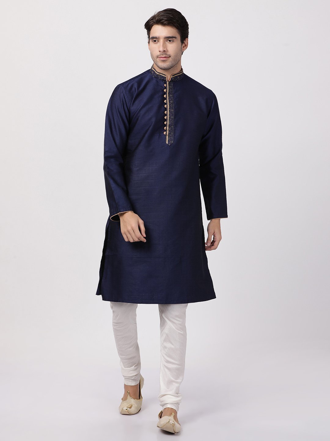 Vastramay Men's Dark Blue Cotton Silk Blend Kurta and Churidar Set