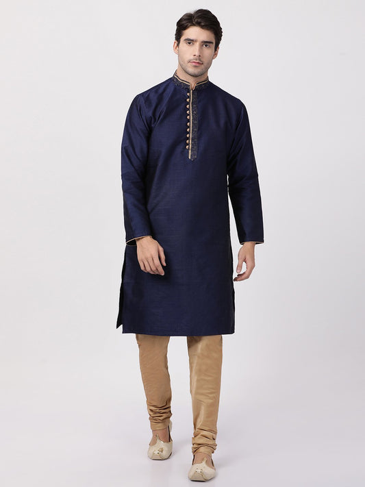 Vastramay Men's Dark Blue Cotton Silk Blend Kurta and Churidar Set