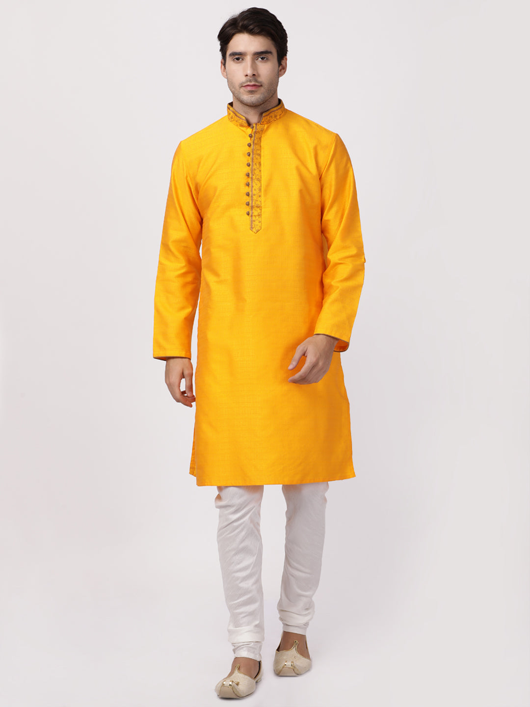 Vastramay Men's Orange Cotton Silk Blend Kurta