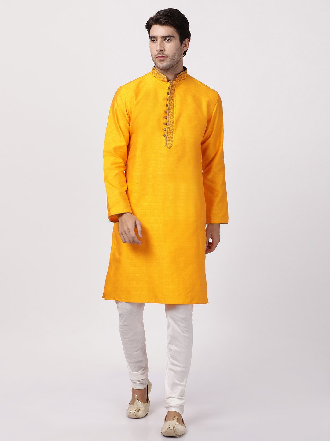 Vastramay Men's Yellow Cotton Silk Blend Kurta and Churidar Set