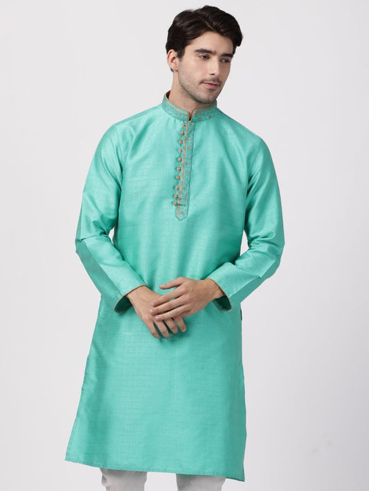 Vastramay Men's Green Cotton Silk Blend Kurta