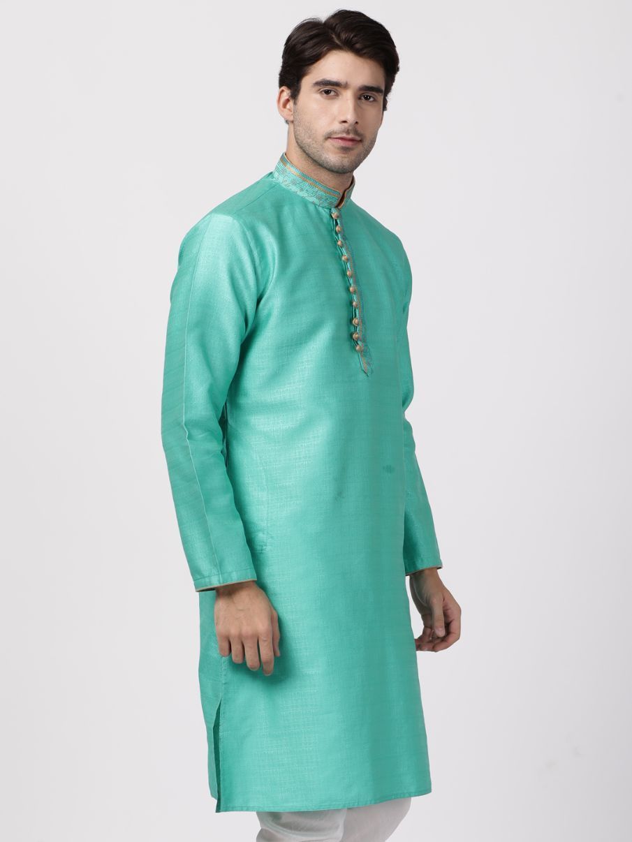 Vastramay Men's Green Cotton Silk Blend Kurta