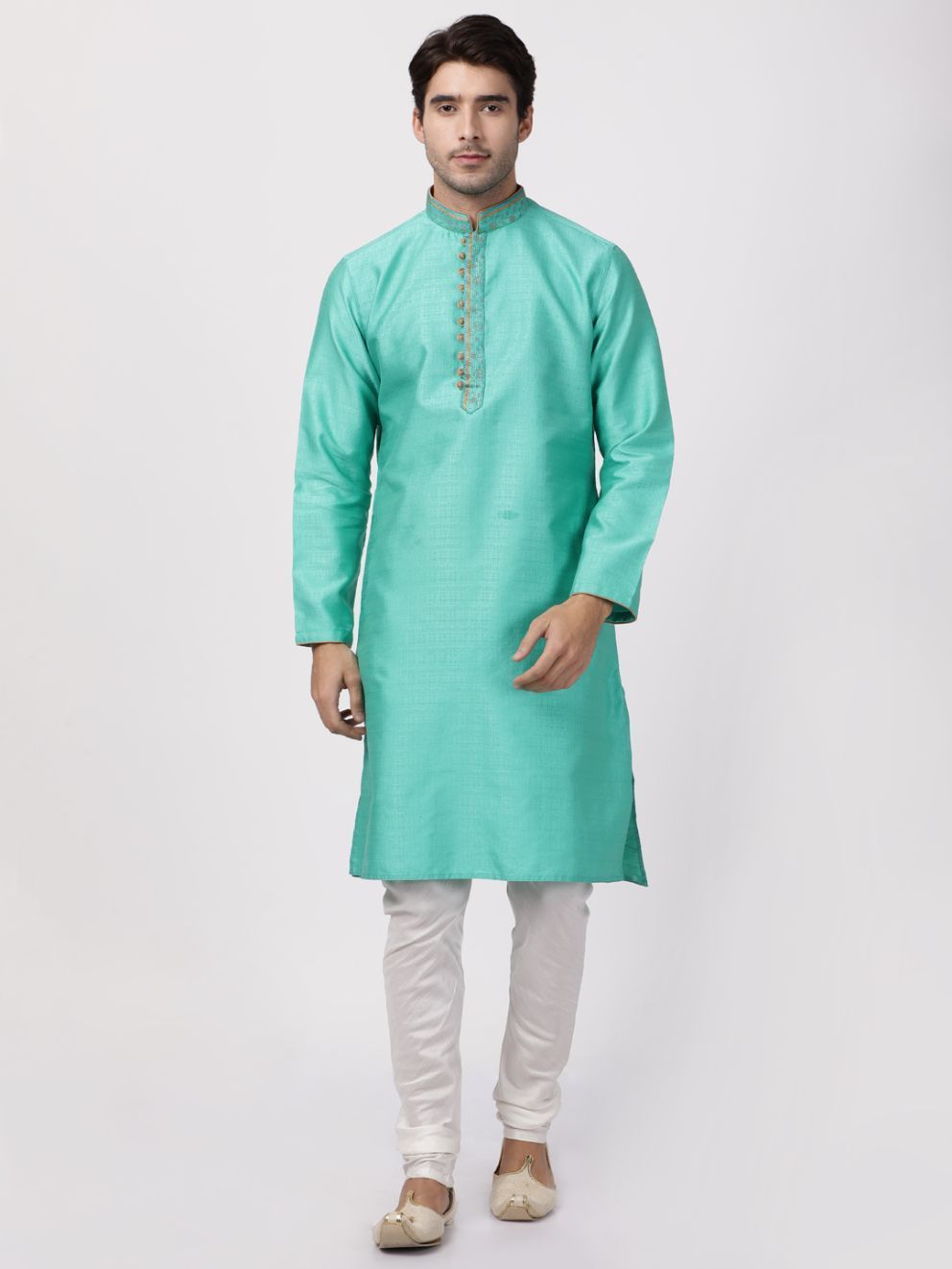 Vastramay Men's Green Cotton Silk Blend Kurta