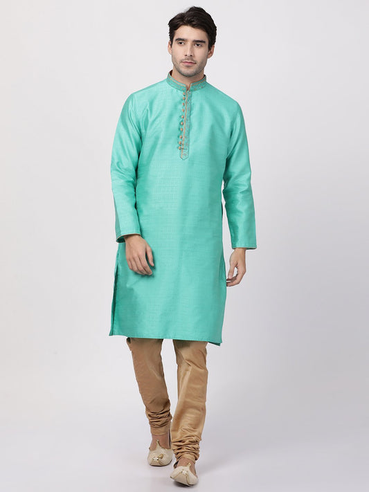 Vastramay Men's Green Cotton Silk Blend Kurta and Pyjama Set