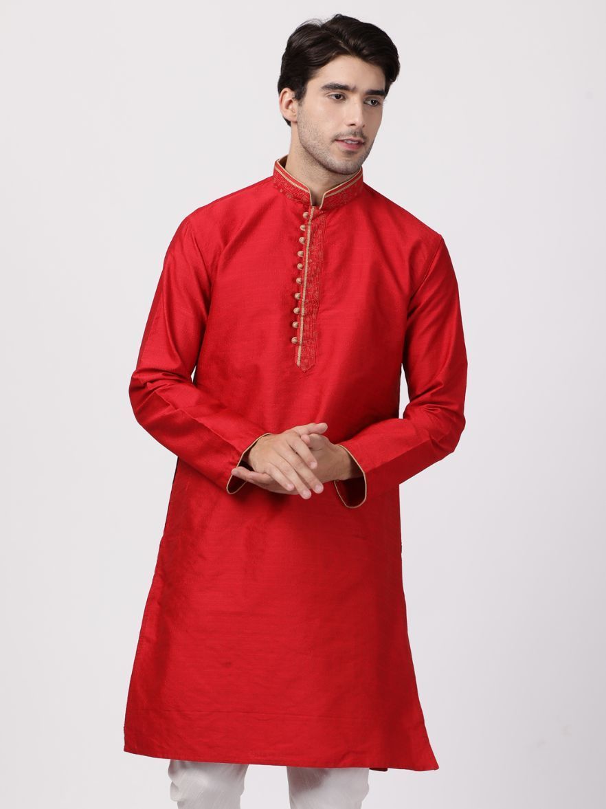 Vastramay Men's Red Cotton Silk Blend Kurta