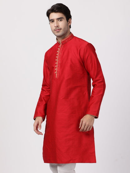 Vastramay Men's Red Cotton Silk Blend Kurta