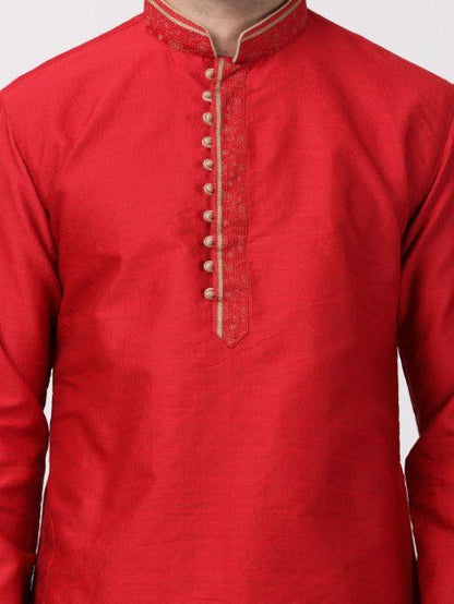 Vastramay Men's Red Cotton Silk Blend Kurta