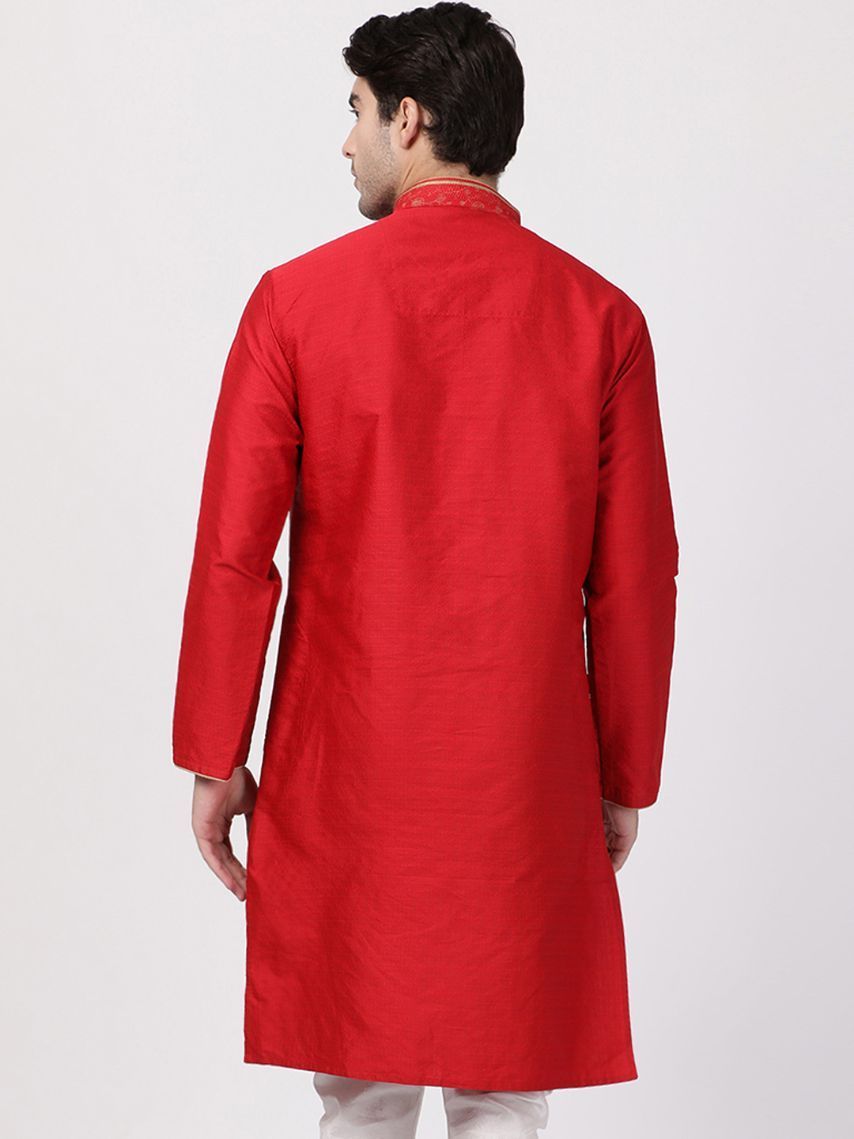 Vastramay Men's Red Cotton Silk Blend Kurta