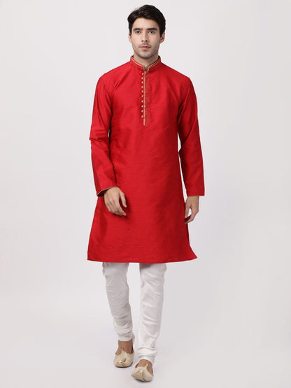 Vastramay Men's Red Cotton Silk Blend Kurta