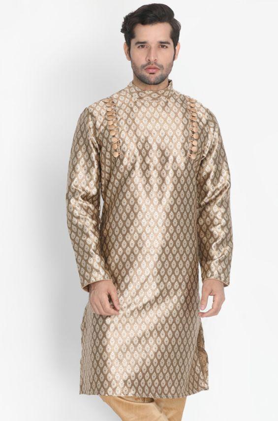 Vastramay Men's Gold Cotton Silk Blend Kurta