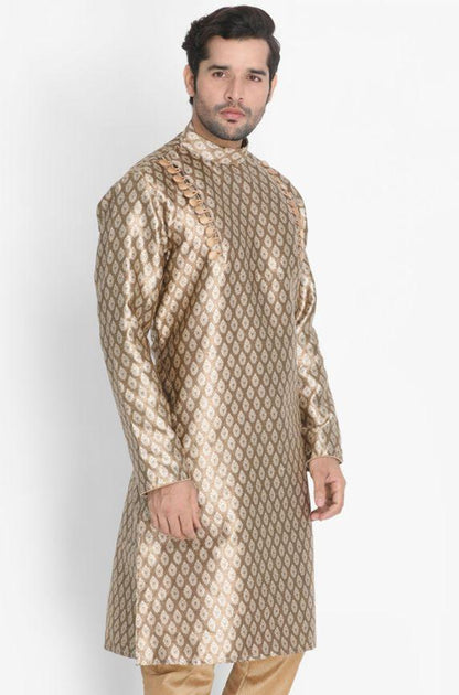 Vastramay Men's Gold Cotton Silk Blend Kurta