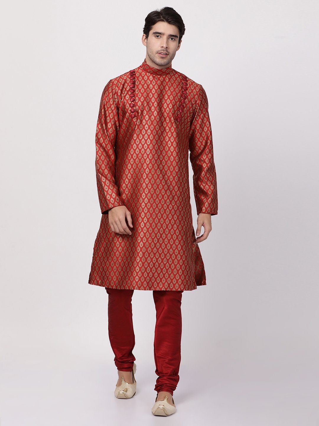 Vastramay Men's Maroon Cotton Silk Blend Kurta and Churidar Set