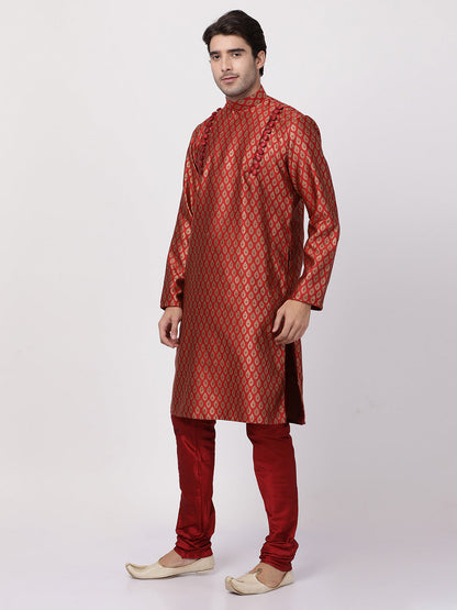 Vastramay Men's Maroon Cotton Silk Blend Kurta and Churidar Set