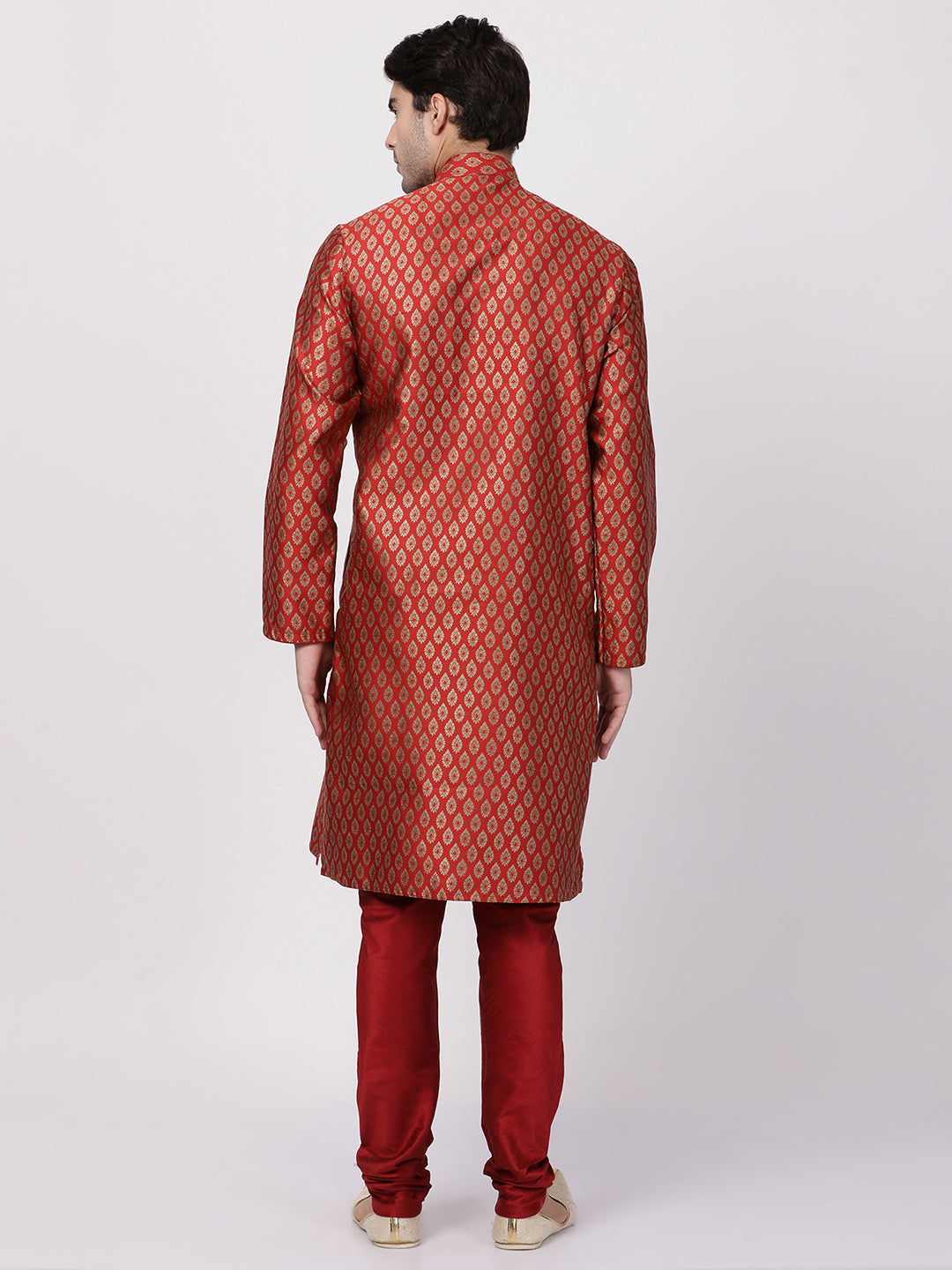 Vastramay Men's Maroon Cotton Silk Blend Kurta and Churidar Set