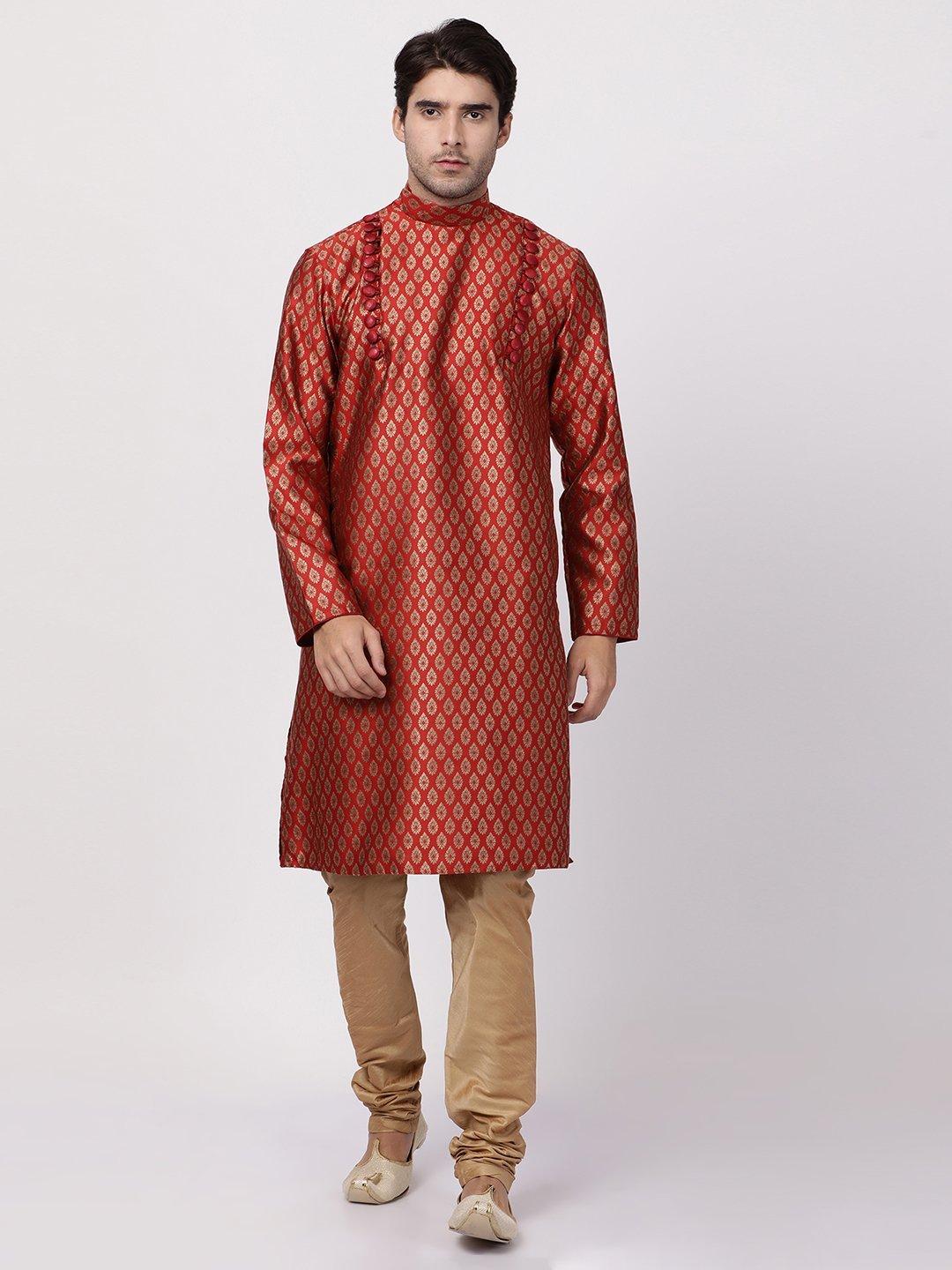 Vastramay Men's Maroon Cotton Silk Blend Kurta and Churidar Set