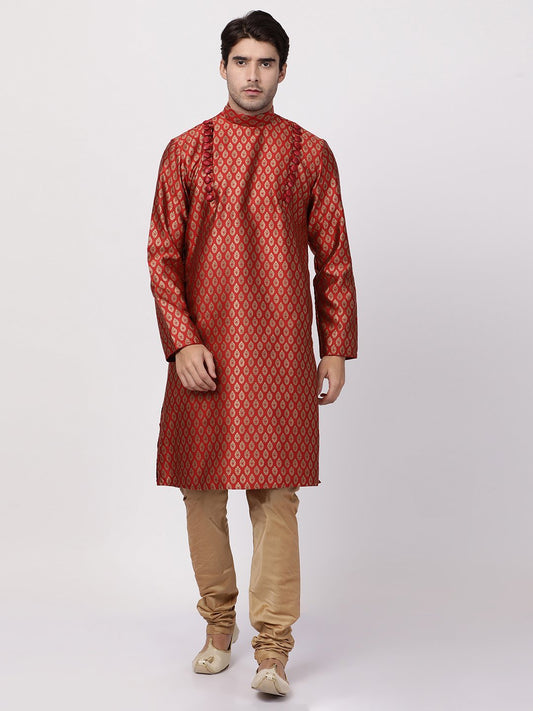 Vastramay Men's Maroon Cotton Silk Blend Kurta and Churidar Set