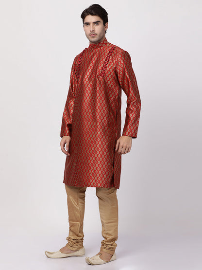 Vastramay Men's Maroon Cotton Silk Blend Kurta and Churidar Set