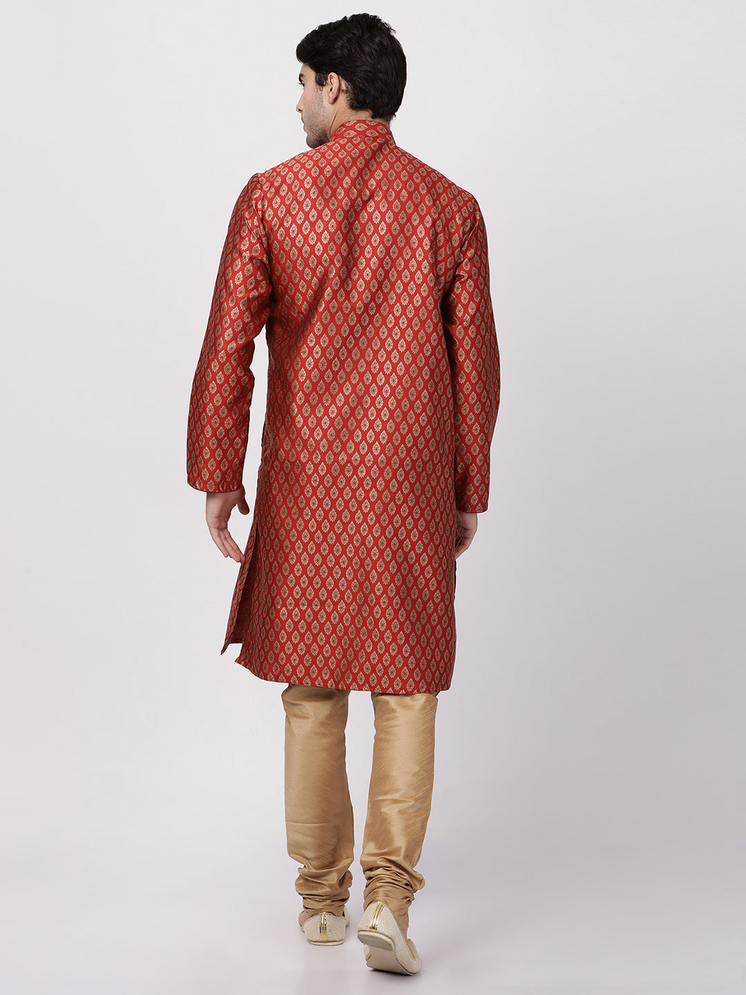 Vastramay Men's Maroon Cotton Silk Blend Kurta and Churidar Set