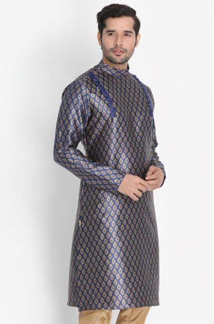 Vastramay Men's Navy Blue Cotton Silk Blend Kurta