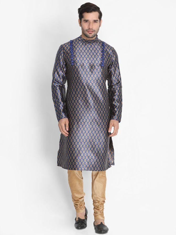 Vastramay Men's Navy Blue Cotton Silk Blend Kurta