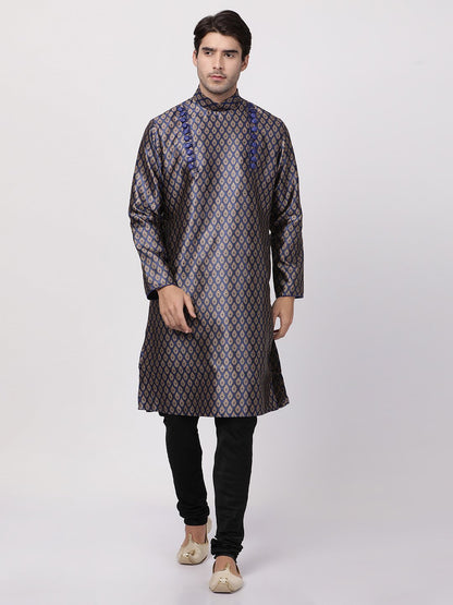 Vastramay Men's Navy Blue Cotton Silk Blend Kurta and Churidar Set