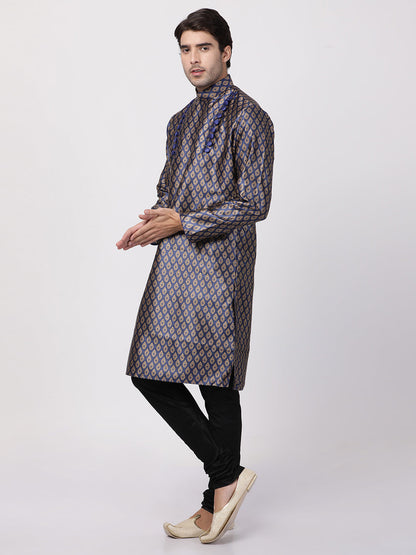 Vastramay Men's Navy Blue Cotton Silk Blend Kurta and Churidar Set