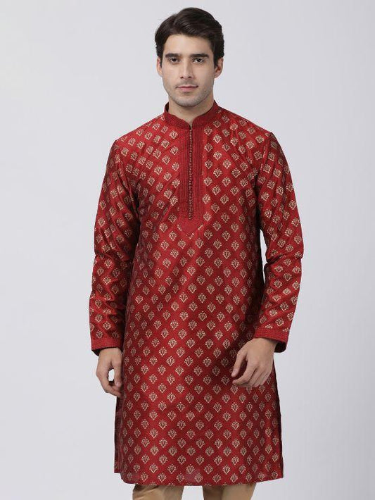 Vastramay Men's Maroon Silk Blend Kurta